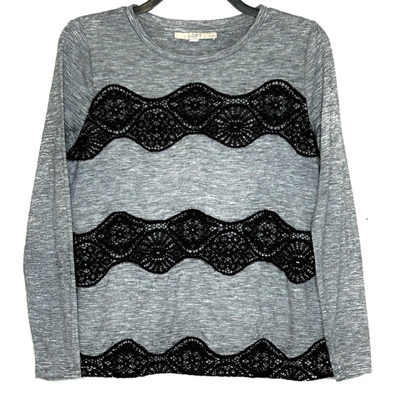 LOFT Tops - Ann Taylor Loft Medium Petite Gray With Black Embroidered Long Sleeve Blouse